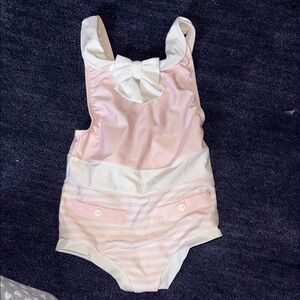 Sal & Pimenta Pink and White Striped Swimsuit with Bow
Size 7 
NWOT